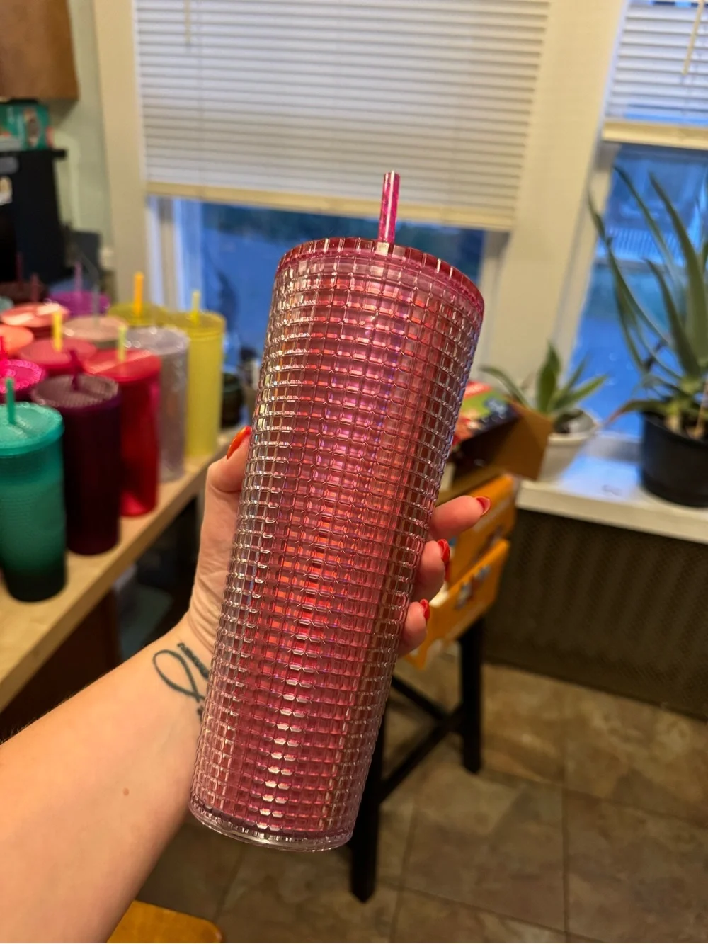 Starbucks Iridescent Pink Studded Tumbler with Pink Lid and Straw